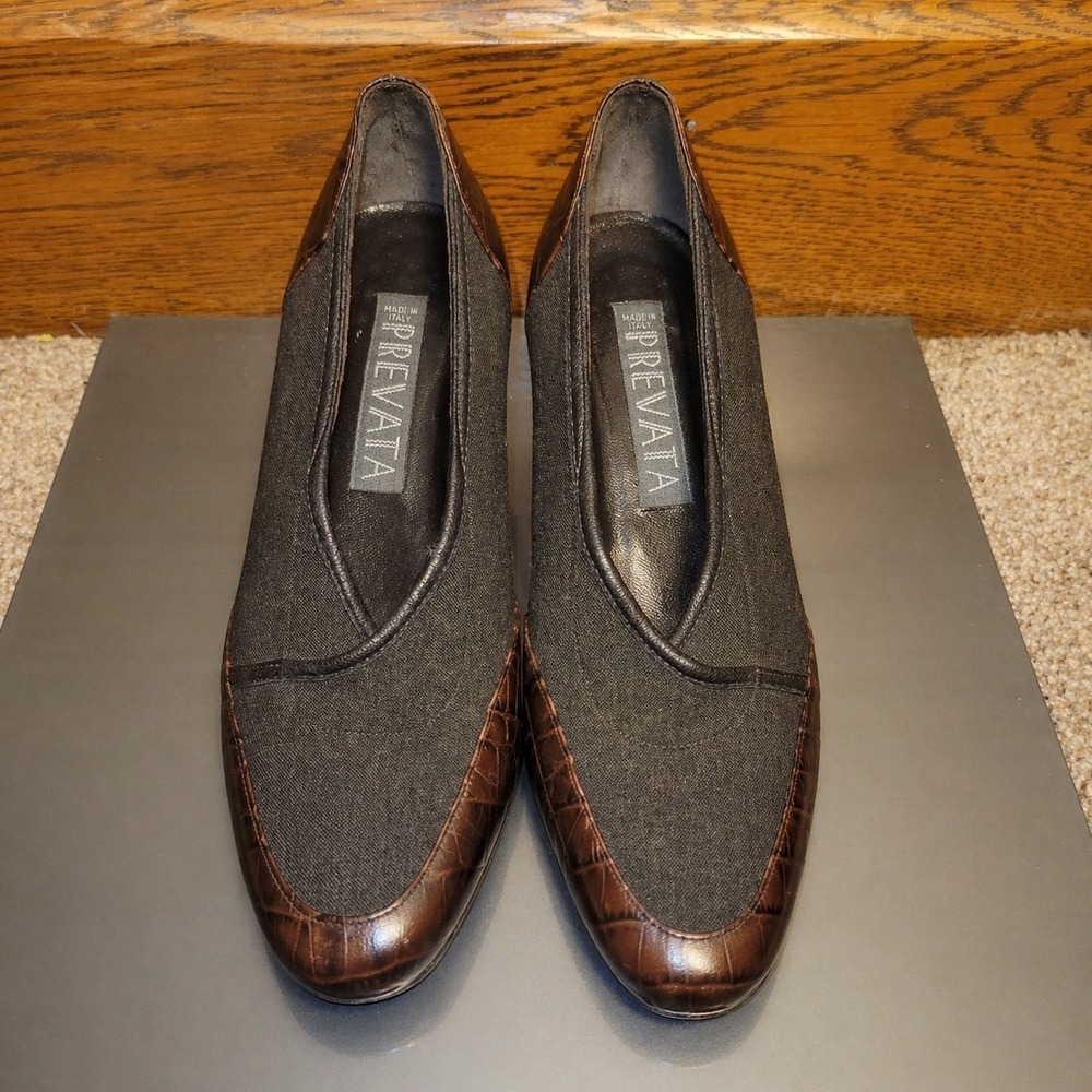Prevata Italy Womens 8.5 W Brown Croc Trim Black Fabric Kitten Heel Pumps...